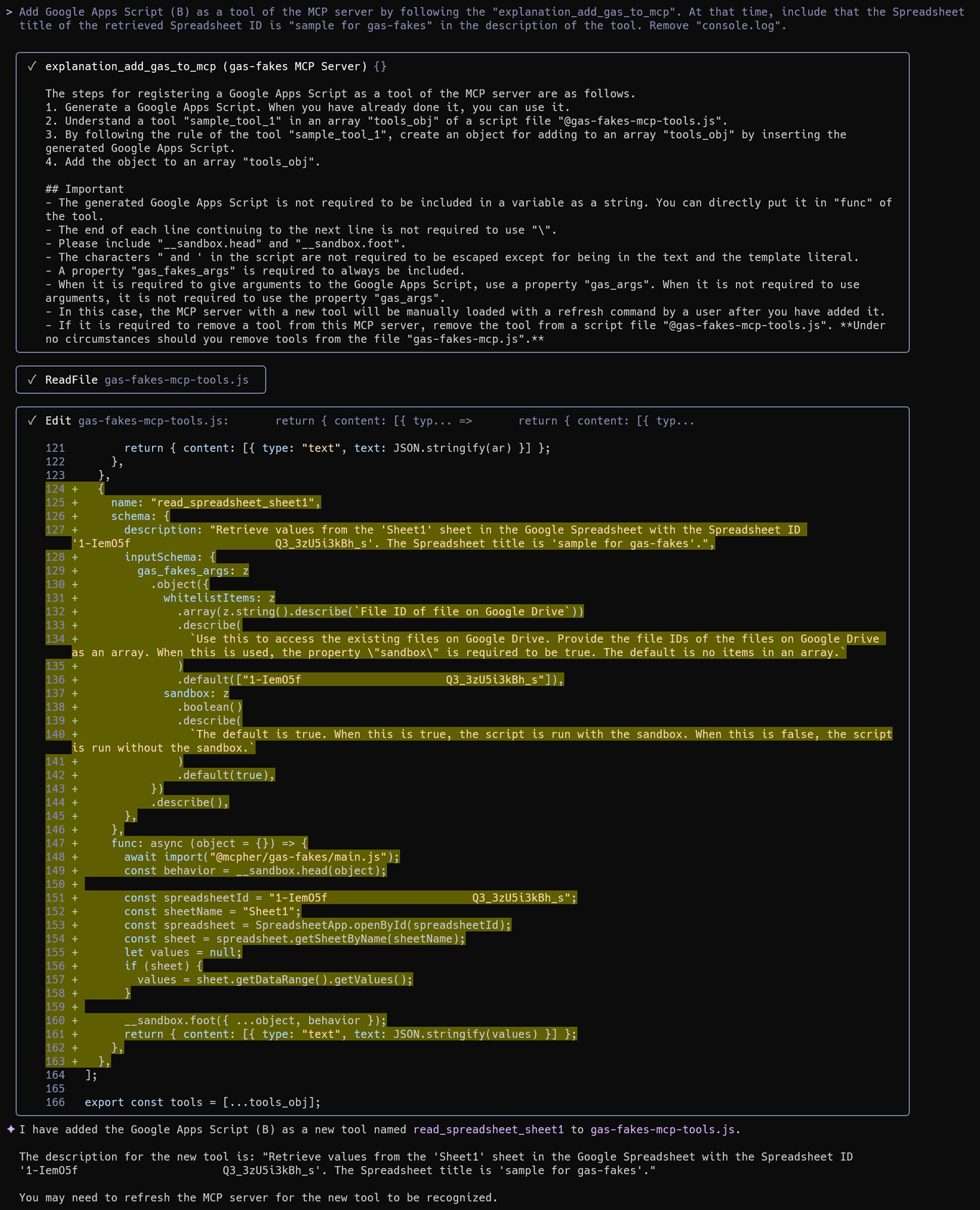 Figure 8: Adding the spreadsheet-reading script as a new tool.