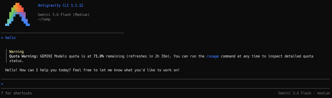 Figure 3: Live terminal demonstration of real-time Quota Warning banner injection in Antigravity CLI 1.1.12.