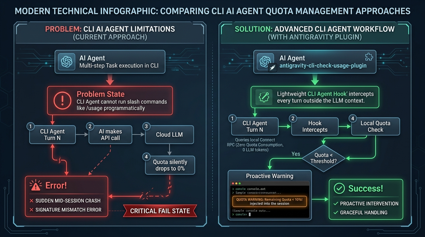 Figure 1: Architectural comparison between traditional CLI agent quota limitations and the zero-overhead agent hook workflow.