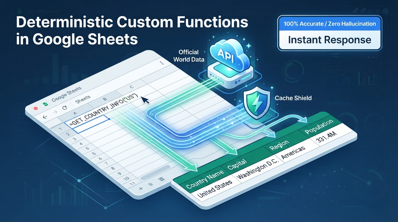 Figure 1: Data flow of deterministic custom functions integrating external APIs with CacheService