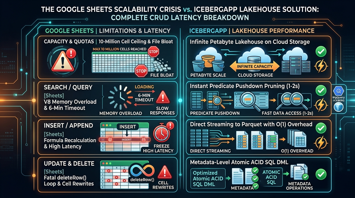 Figure 4: The Google Sheets Scalability Crisis vs. IcebergApp Lakehouse Solution