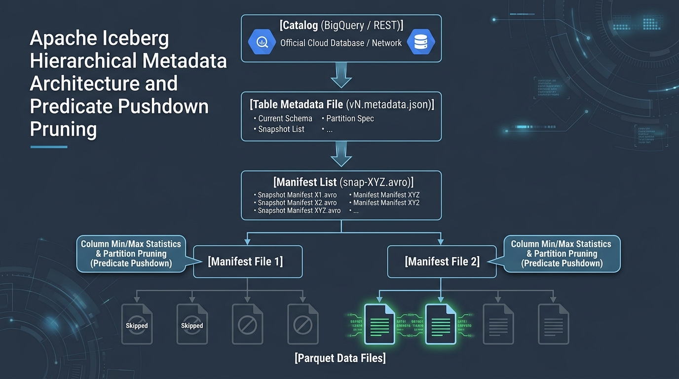 Figure 1: Apache Iceberg Hierarchical Metadata Architecture and Predicate Pushdown Pruning