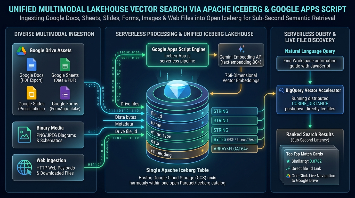 Hero Infographic: Unified Multimodal Lakehouse Vector Search via Apache Iceberg & Google Apps Script