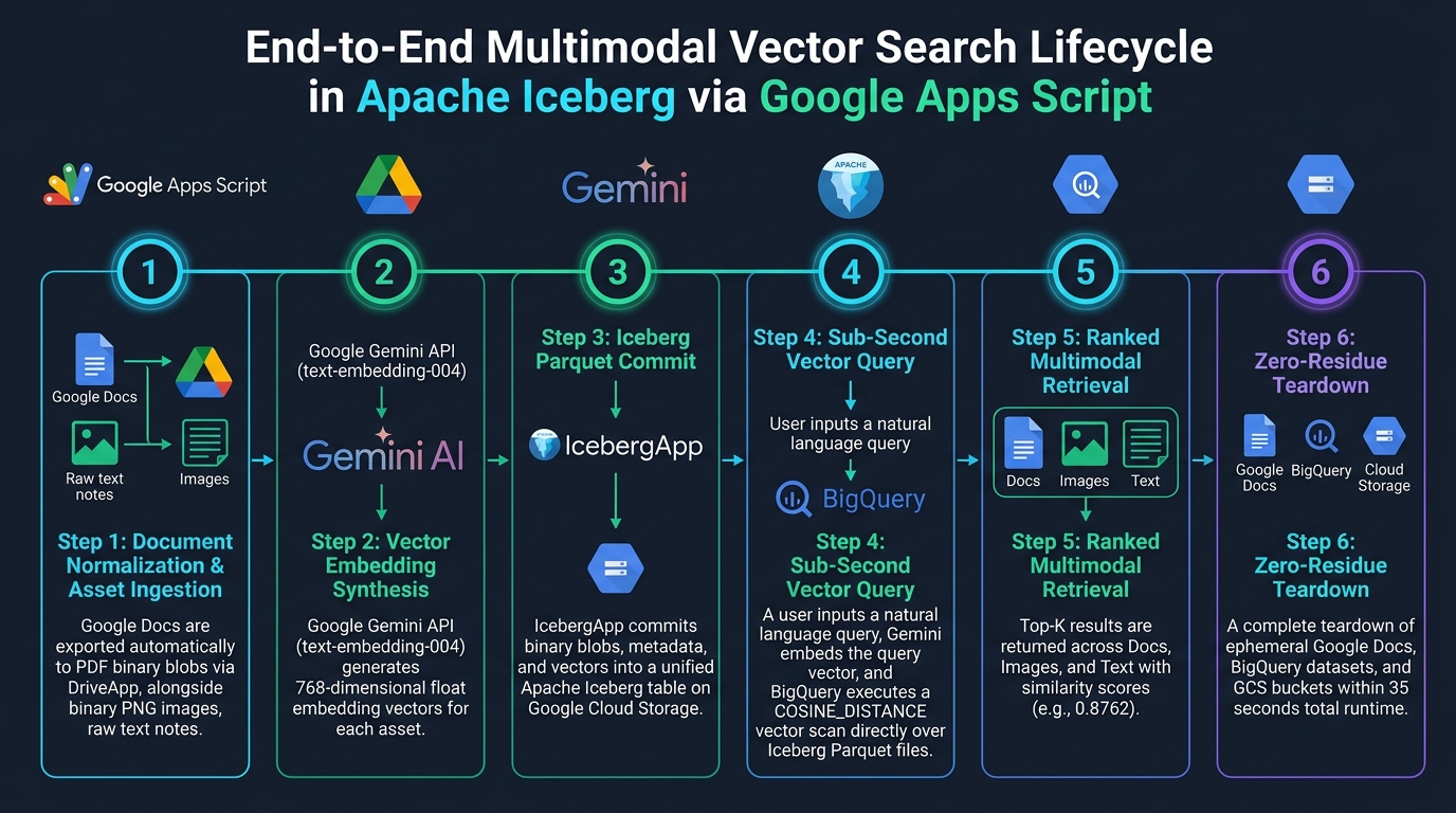 Figure 2: End-to-End Multimodal Vector Search Lifecycle in Apache Iceberg via Google Apps Script