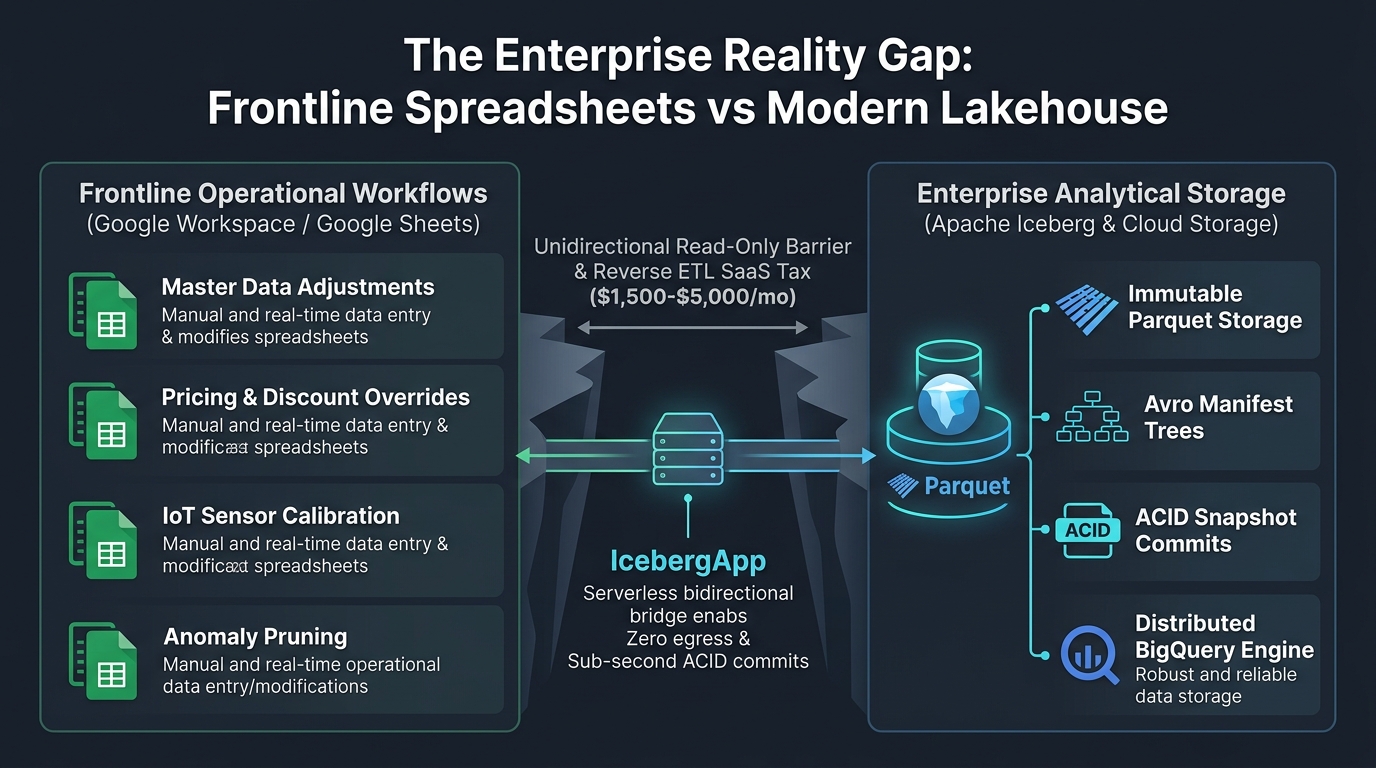 Figure 1: The Enterprise Reality Gap: Frontline Spreadsheets vs. Modern Lakehouse