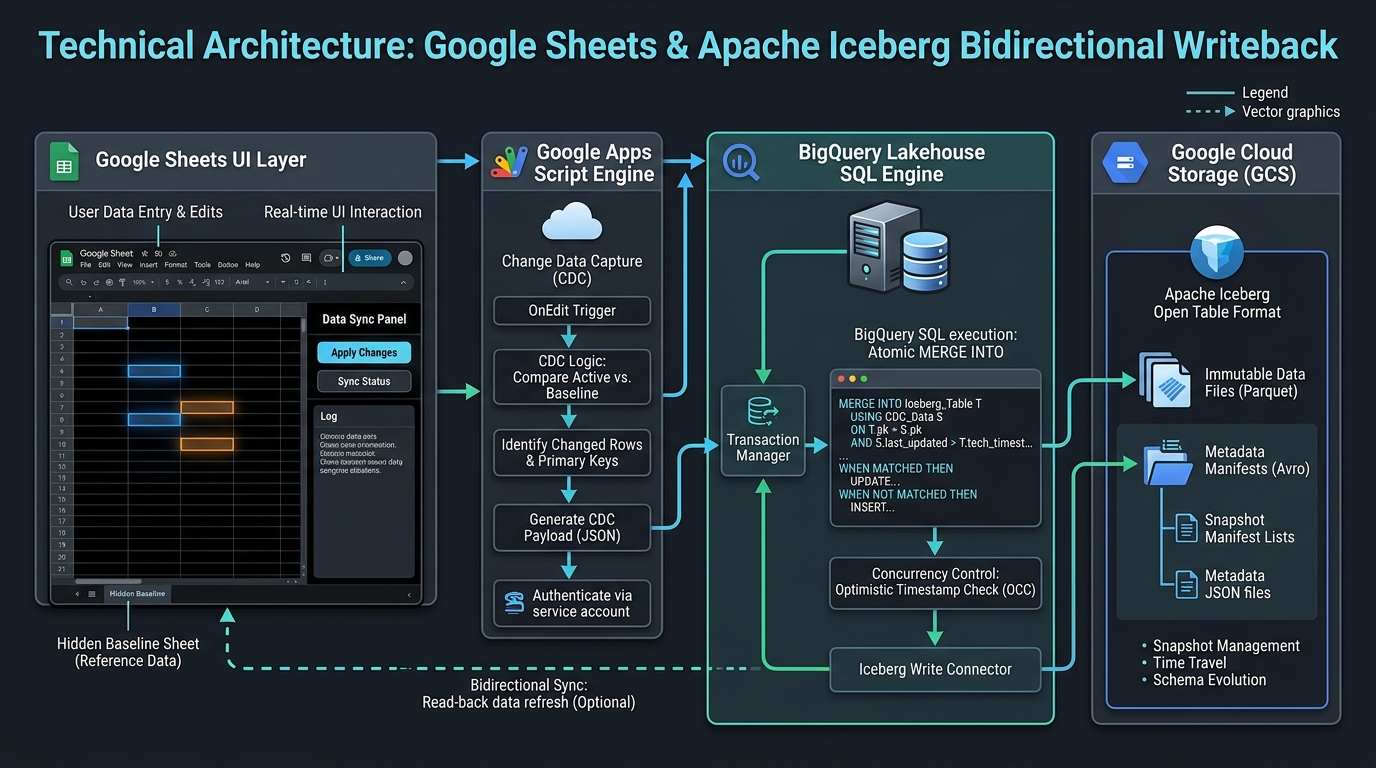 Figure 2: Technical Architecture: Google Sheets & Apache Iceberg Bidirectional Writeback
