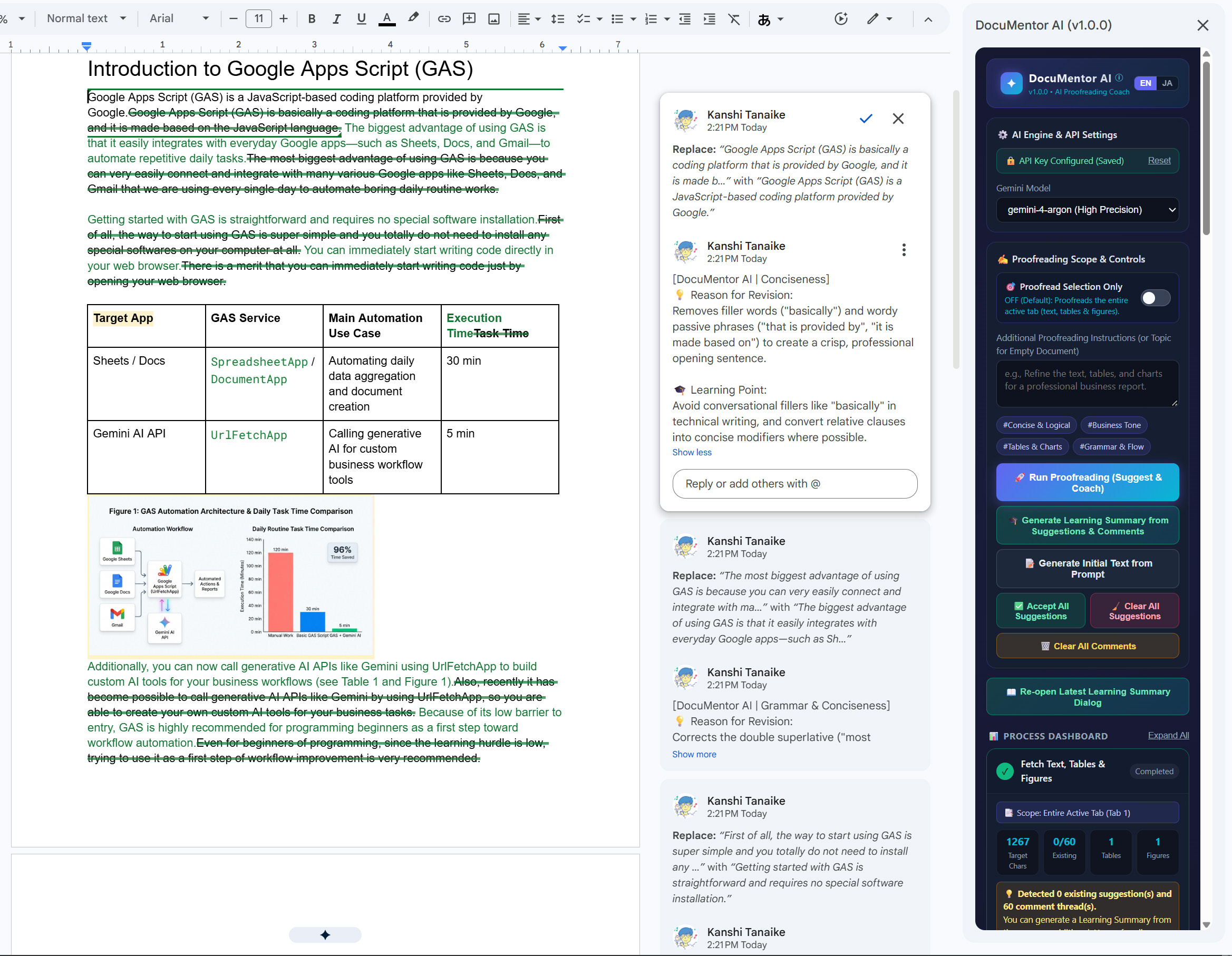 DocuMentor AI Proofreading Results in Google Docs