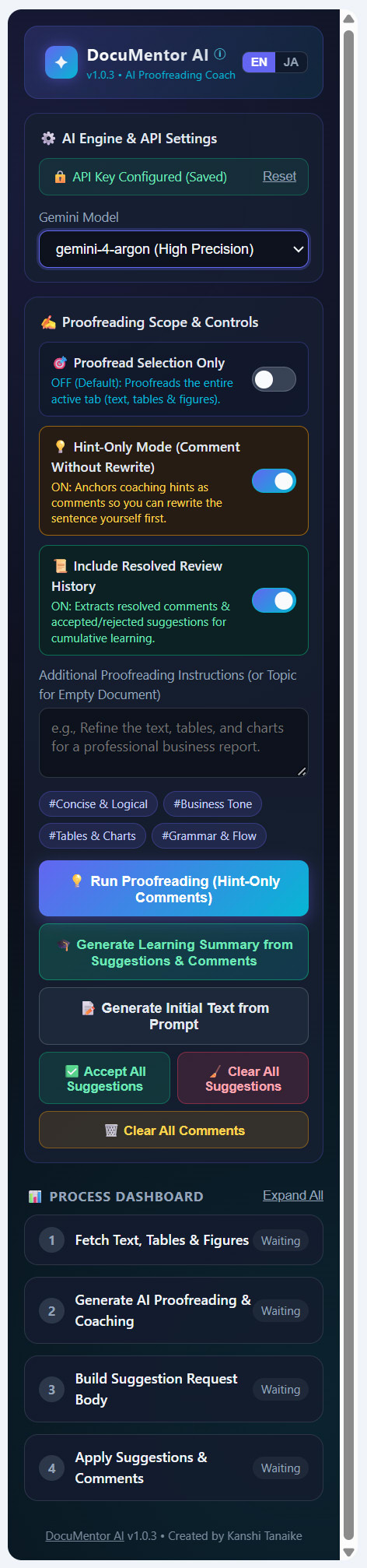 DocuMentor AI v1.0.3 Sidebar Dashboard